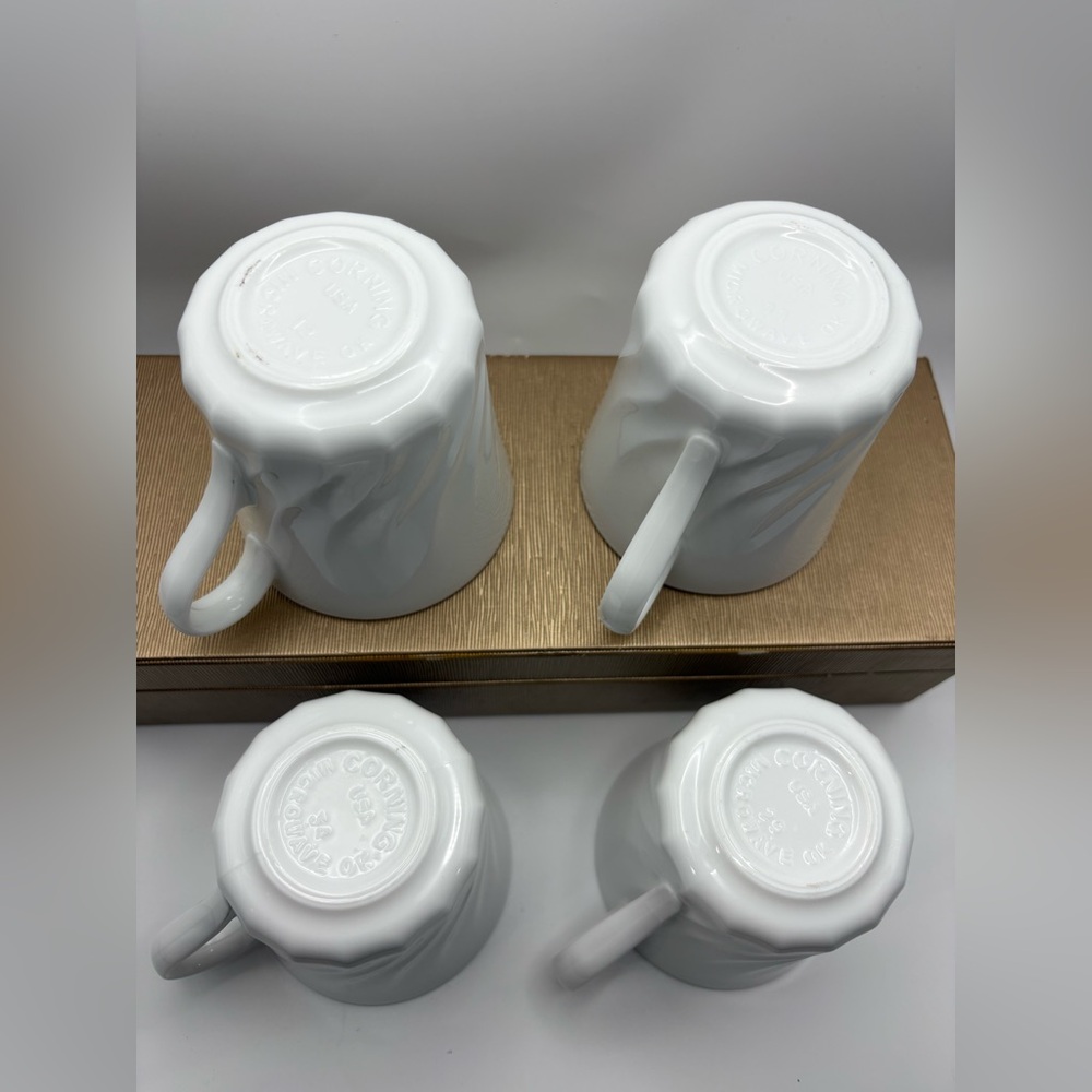 VTG Corelle Elegant Enhancements White Swirl 4 Coffee Cup Set Vitrelle Glass 8OZ - Picture 2 of 8